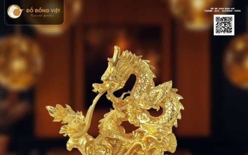 Tượng Rồng Nhả Đĩnh Vàng Dát Vàng 24K | King Gold Art