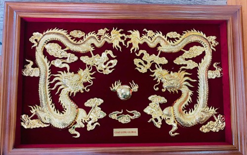 Tranh Song Long chầu nguyệt mạ vàng 24K | King Gold Art