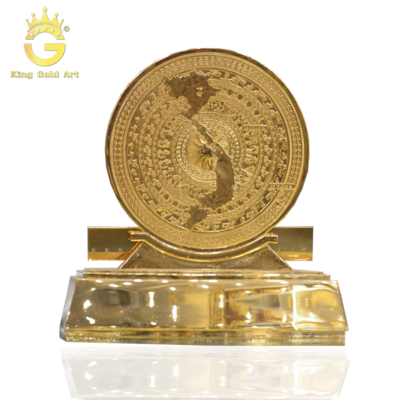 Quà tặng mặt trống đồng đông sơn đế mạ vàng 24k