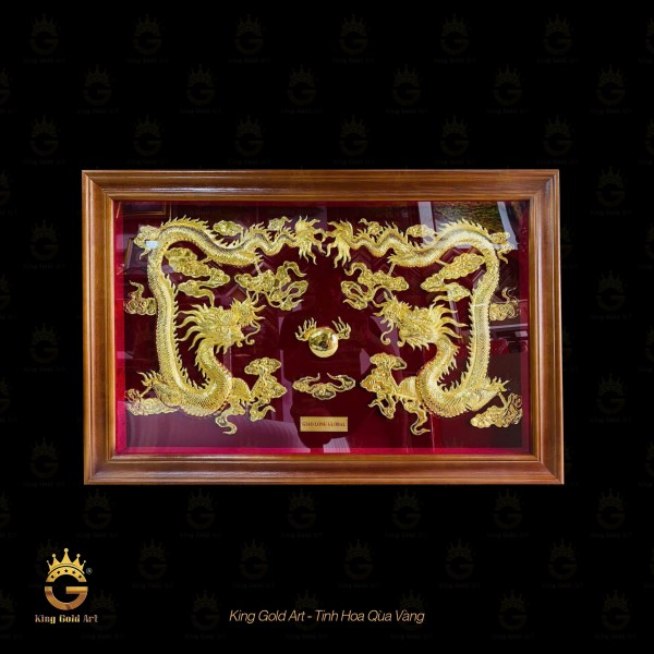 Tranh Song Long chầu nguyệt mạ vàng