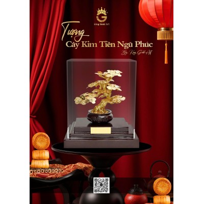 Tượng Cây Kim Tiền Ngũ Phúc dát vàng – Quà tặng vàng Trung Thu cao cấp