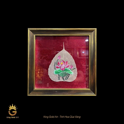 Tranh lá bồ đề thêu hoa sen thủ công cao cấp