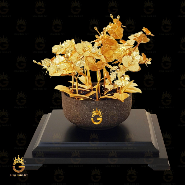 Chậu Lan Hồ Điệp Vàng 24K Cửu Nhánh Khung Đôn Gỗ Đẳng Cấp