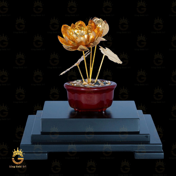 Chậu Hoa Sen Mạ Vàng Dáng Bonsai Mini Khung Đôn Gỗ Luxury