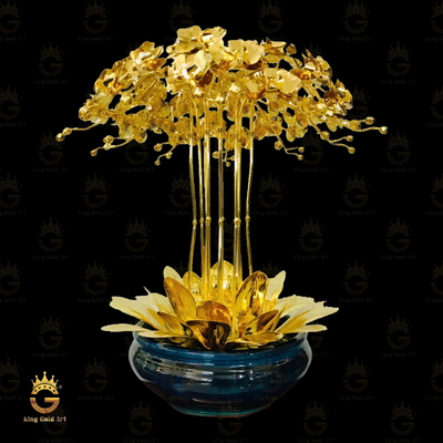 Chậu Lan Hồ Điệp Vàng 24K Dáng Tán Rộng Đôn Gốm Thượng Hạng