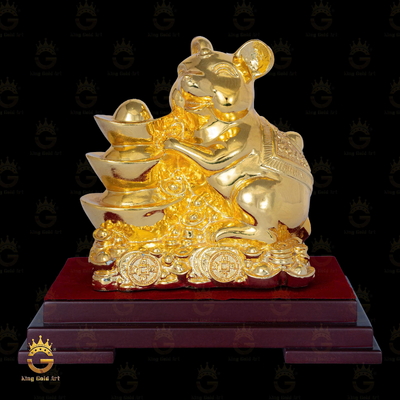 Tượng Chuột Phong Thủy Ôm Tháp Thỏi Vàng Tài Lộc Mạ Vàng