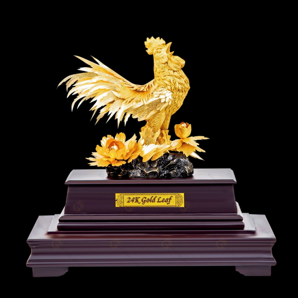 Tượng Gà Trống Dát Vàng 24K Ngự Hoa Mẫu Đơn Phú Quý Cát Tường