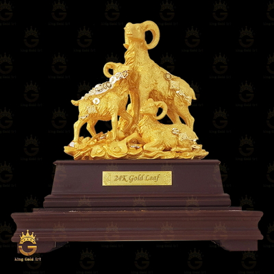 Tượng Tam Dương Khai Thái Mạ Vàng 24K Cao Cấp Đế Gỗ Sang Trọng