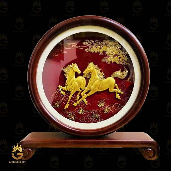 Tranh Song Mã Mạ Vàng Khung Tròn Phong Thủy