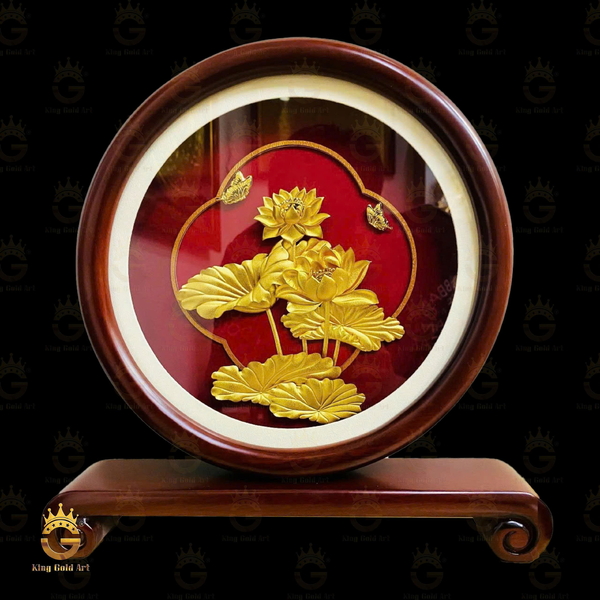Tranh Hoa Sen Mạ Vàng 24K Khung Tròn Cao Cấp