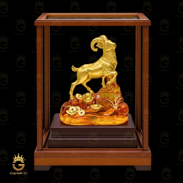 Tượng Dê Sơn Dương Mạ Vàng Đứng Trên Núi vàng Đế Hổ Phách