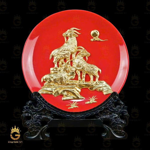 Tranh Đĩa Gốm Men Đỏ Tam Dương Khai Thái Dát Vàng