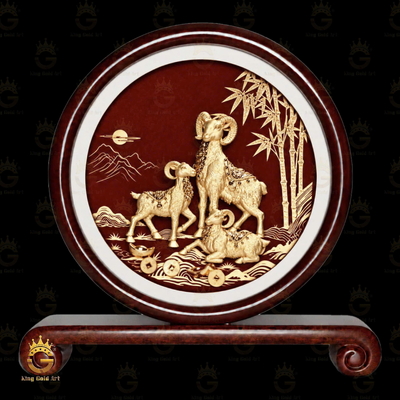 Tranh Đĩa Đồng Dát Vàng Tam Dương Khai Thái Bên Rặng Trúc
