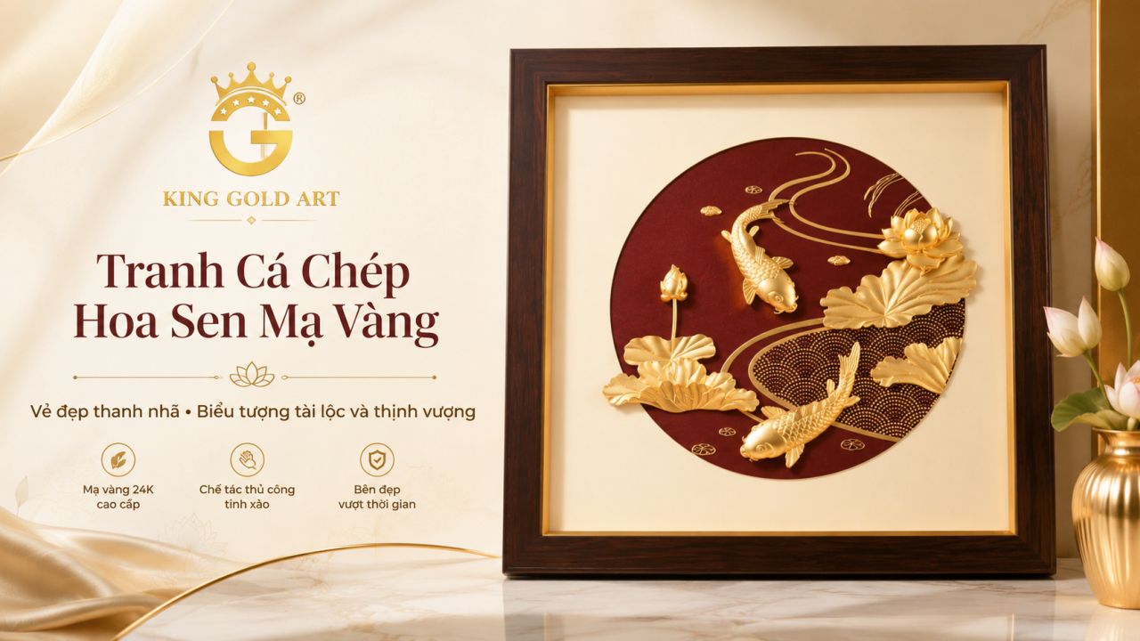 Tranh hoa sen - cá chép mạ vàng 24K cao cấp tại King Gold Art