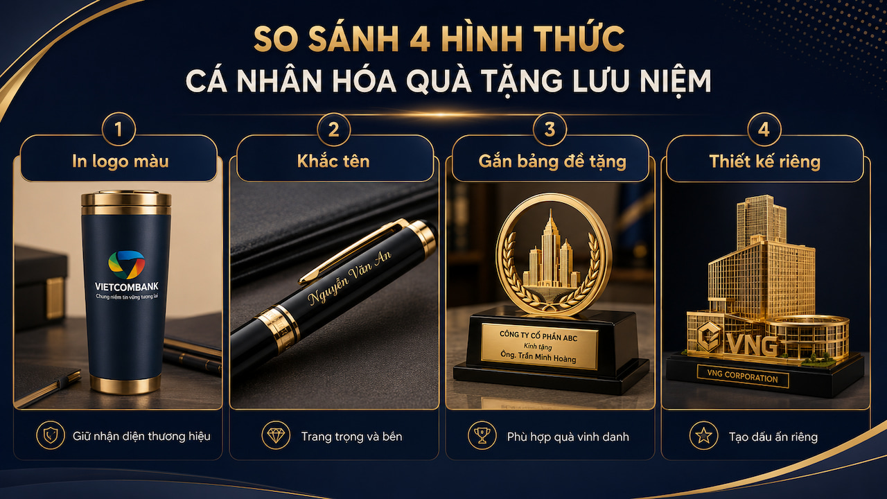 So sánh in logo, khắc tên và thiết kế quà tặng lưu niệm