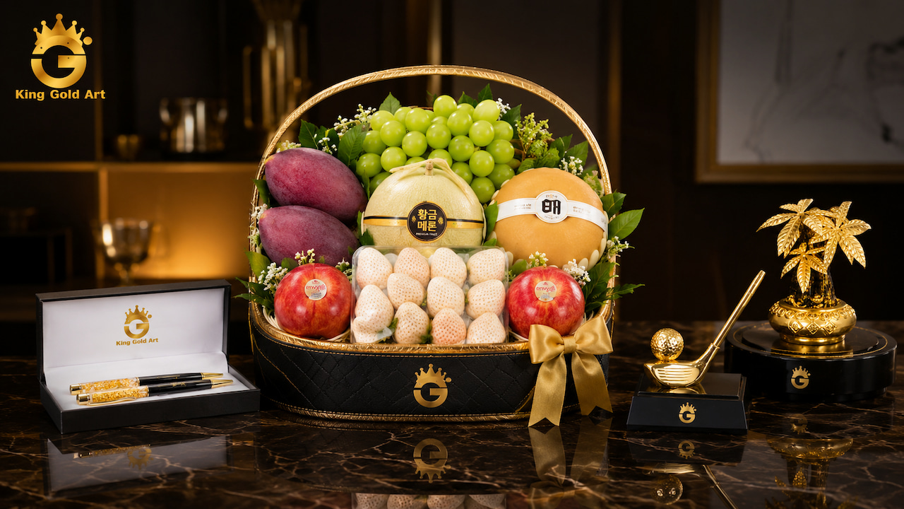 Giỏ trái cây quà tặng cao cấp kết hợp bút ký và vật phẩm mạ vàng King Gold Art