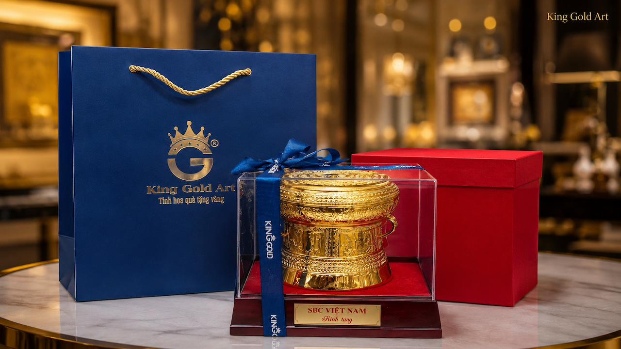 Bộ quà tặng mạ vàng hoàn thiện kèm hộp và bảng đề tặng tại King Gold Art