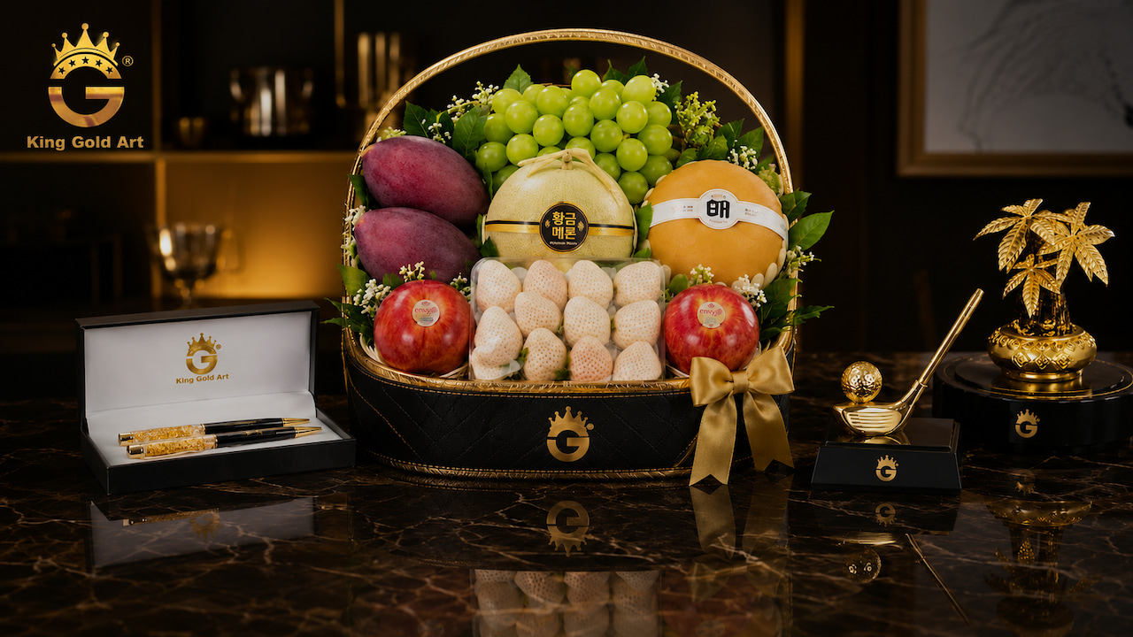 Giỏ trái cây quà tặng cao cấp kết hợp bút ký và vật phẩm mạ vàng King Gold Art