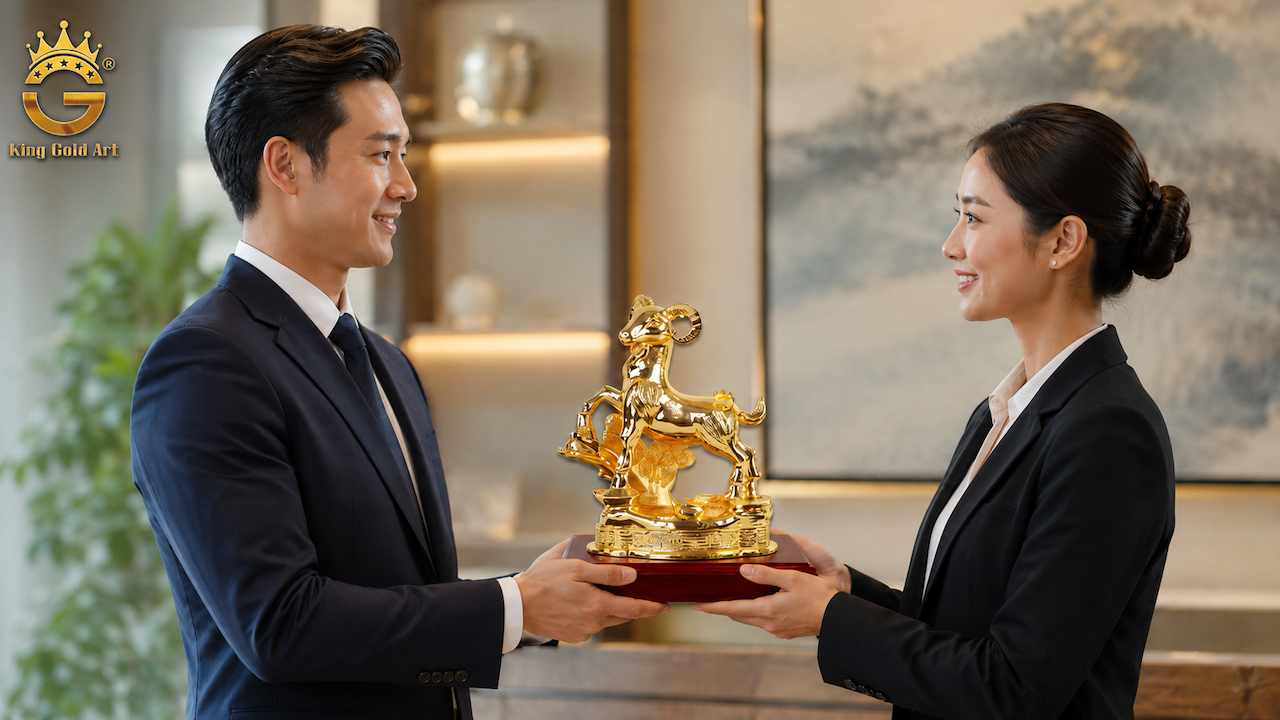 Hai doanh nhân trao tượng Dê mạ vàng làm quà tặng năm 2027