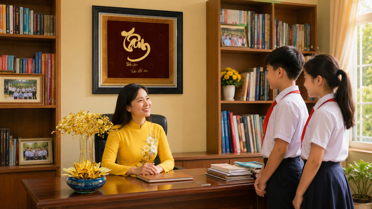 Quà tặng cô giáo 20/11 gồm tranh hoa sen và chậu hoa mạ vàng