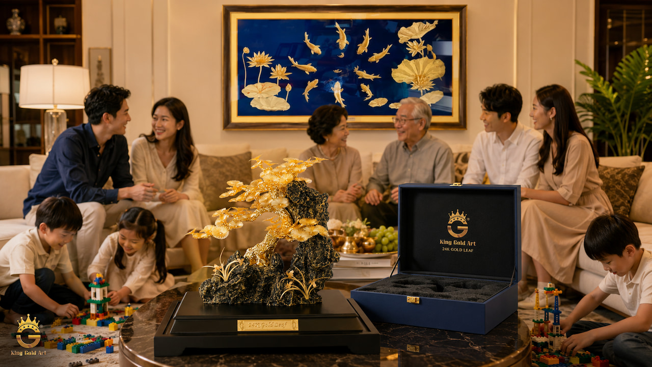 Tranh chữ Phúc hoa sen và cây tài lộc làm quà tân gia