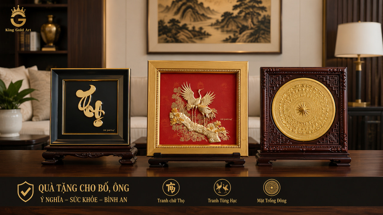 Tranh chữ Thọ tùng hạc và trống đồng làm quà tặng bố ông