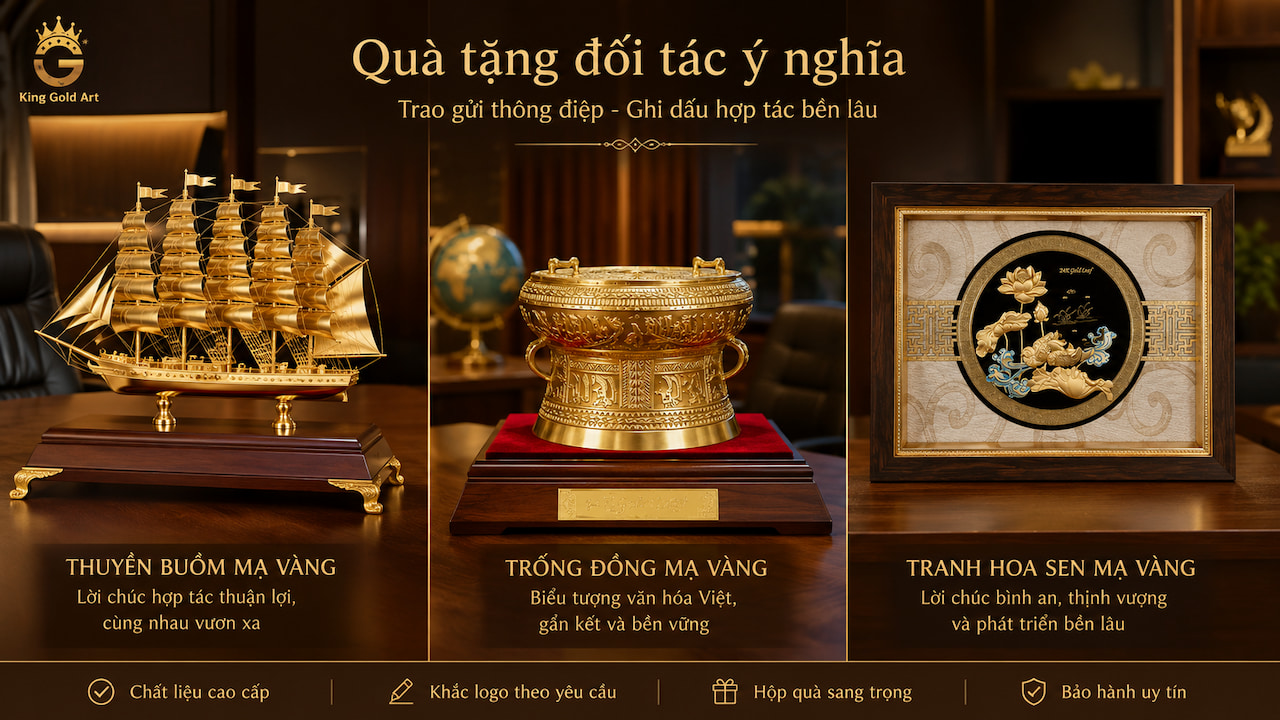 Quà tặng đối tác ý nghĩa gồm thuyền buồm trống đồng và tranh hoa sen