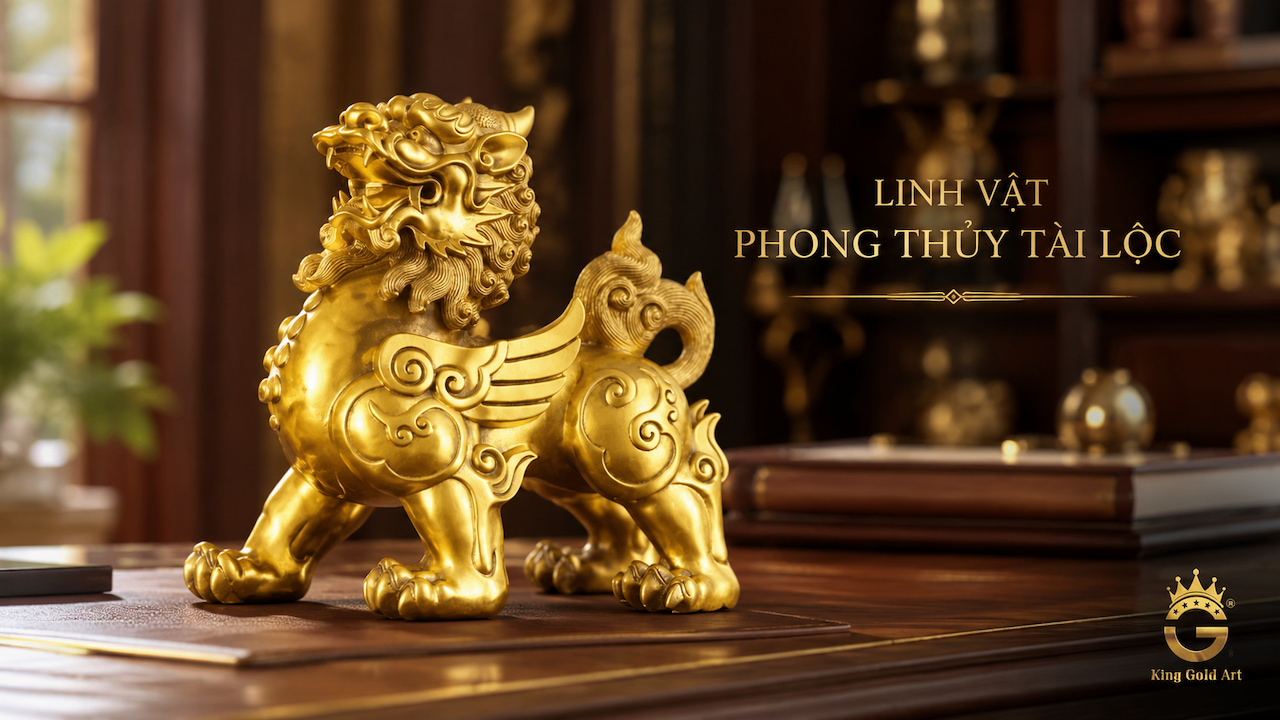 Tượng Tỳ Hưu vàng đặt trên bàn làm việc sang trọng