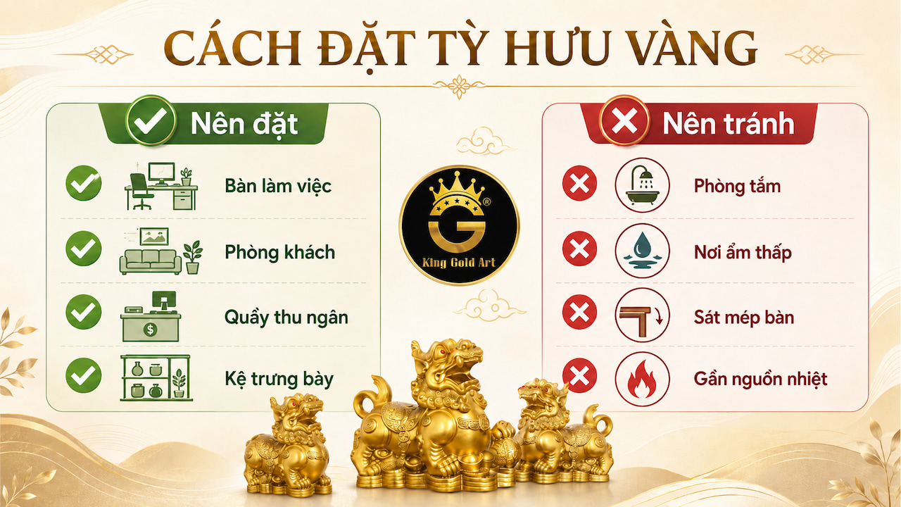 Cách đặt Tỳ Hưu vàng trên bàn làm việc và trong phòng khách
