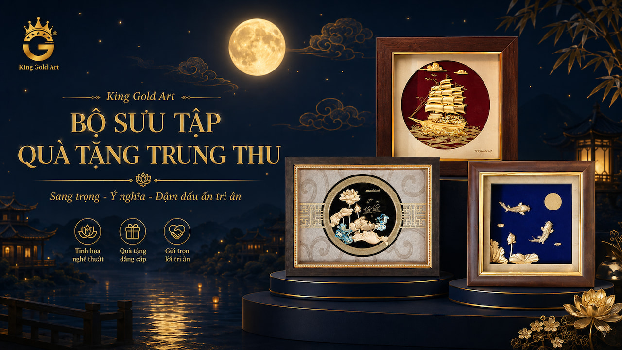 Bộ sưu tập quà tặng Trung thu mạ vàng gồm tranh sen, thuyền buồm và cây tài lộc