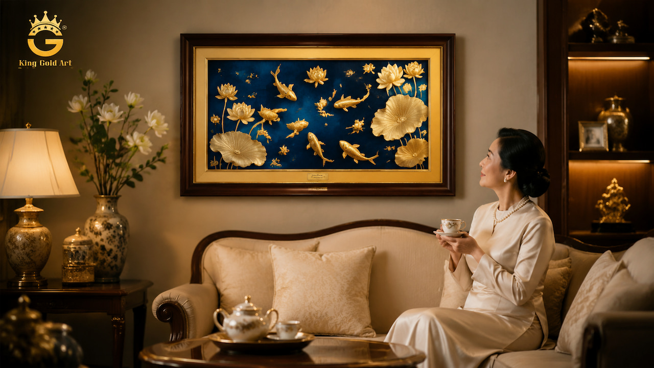 tranh hoa sen mạ vàng làm quà sinh nhật mẹ