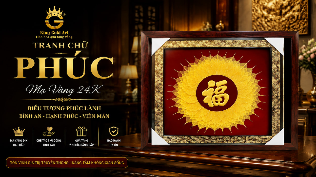 Chi tiết chữ Phúc trên tranh mạ vàng được chế tác tinh xảo