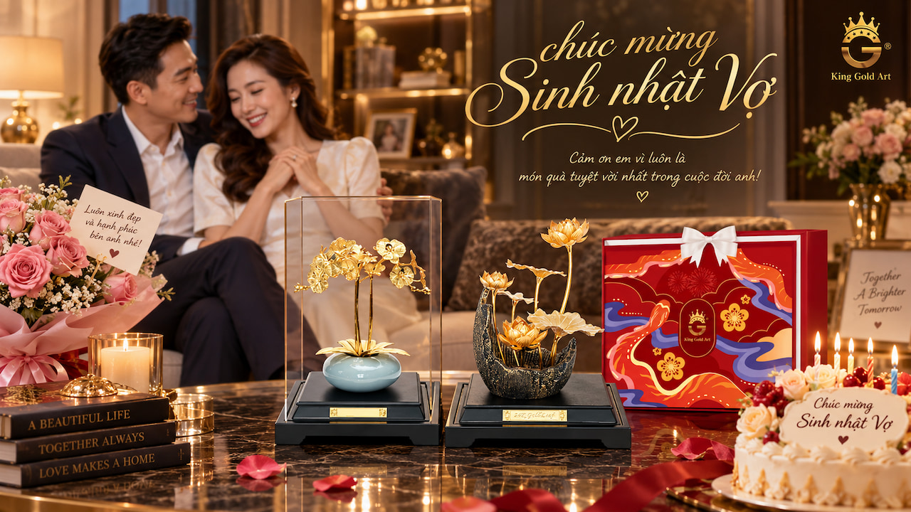Chậu lan hồ điệp và hoa sen mạ vàng 24K tặng vợ tinh tế