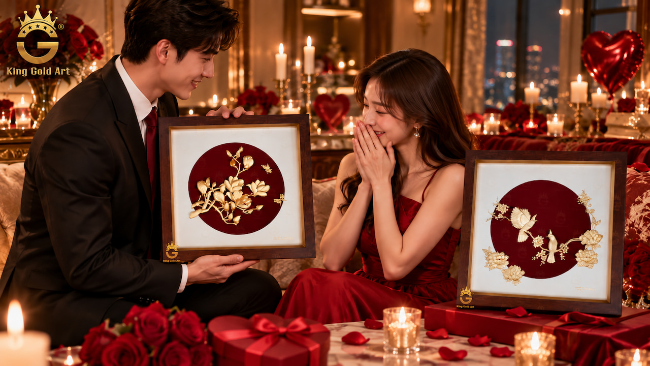 Tranh mạ vàng tình yêu làm quà Valentine cao cấp