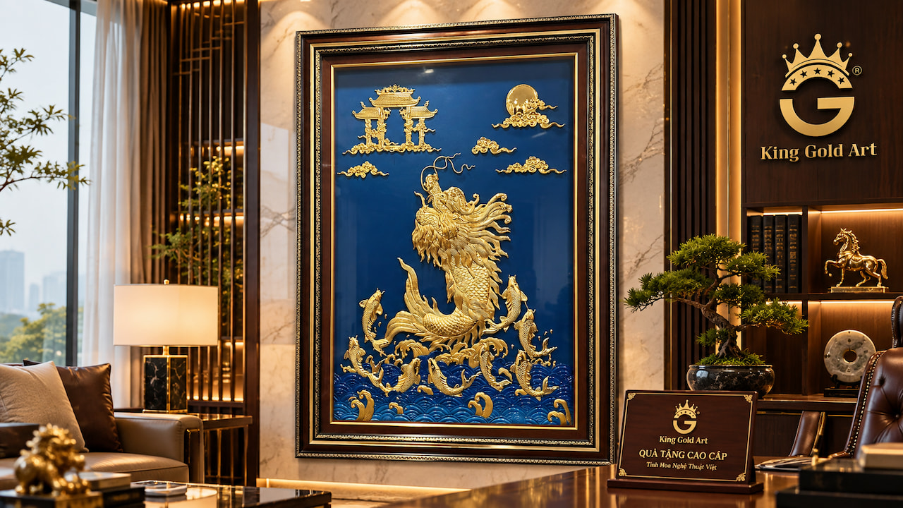 Tranh cá chép hóa rồng King Gold Art làm quà tặng trưng bày cao cấp