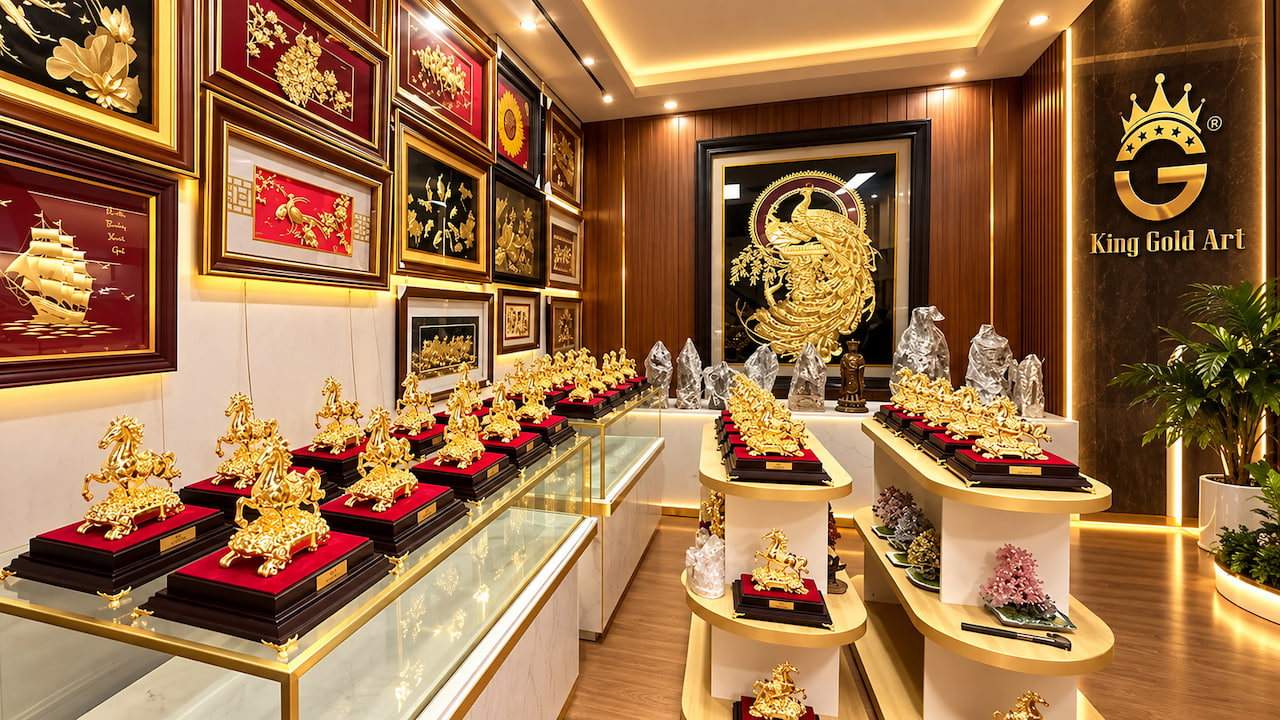 Không gian trưng bày quà tặng mạ vàng tại showroom King Gold Art 419 Nguyễn Khang Hà Nội