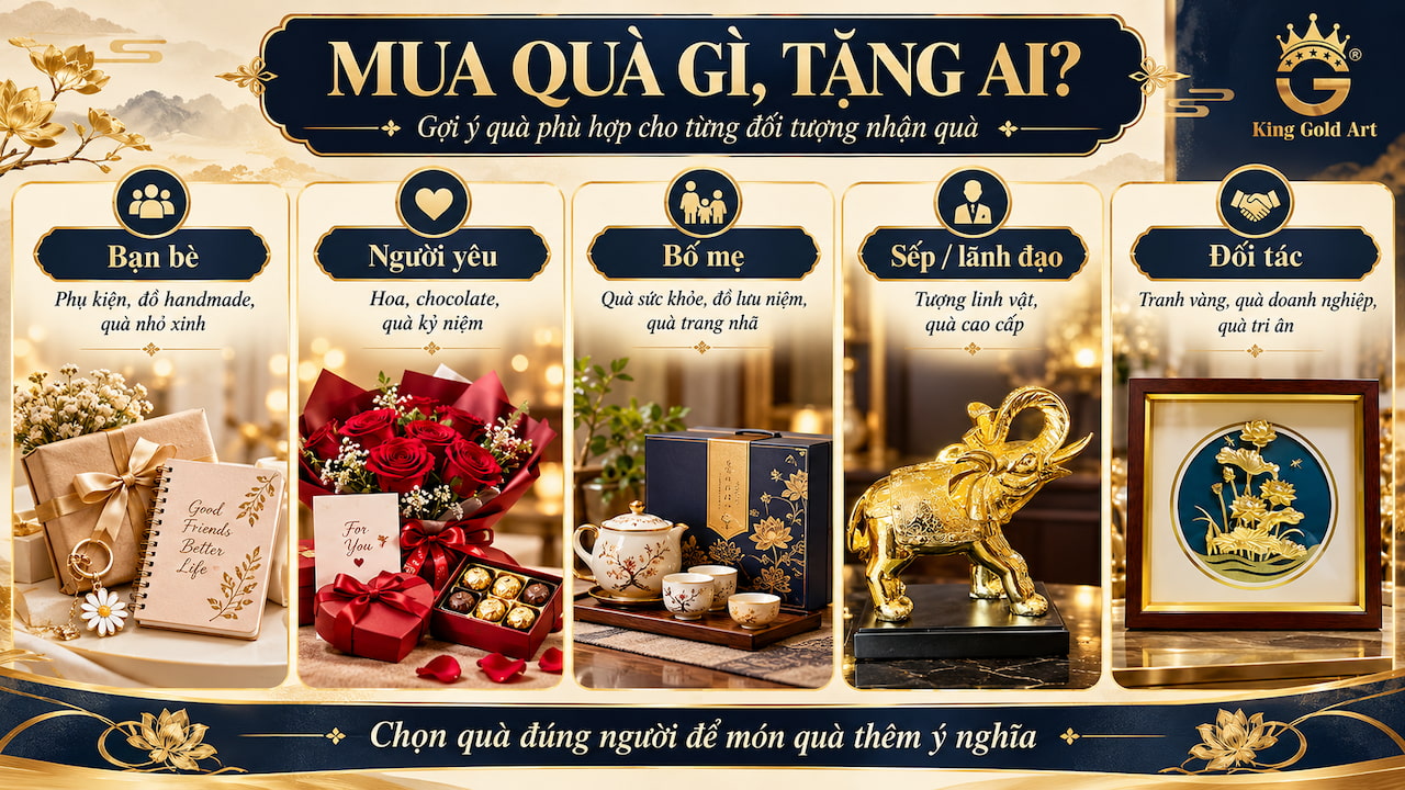 Sơ đồ gợi ý chọn quà tặng theo người nhận gồm bạn bè, người yêu, bố mẹ, sếp và đối tác