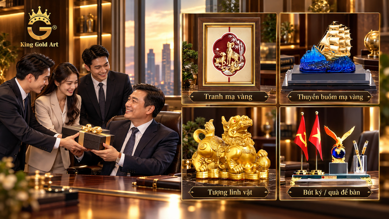 Các dòng quà tặng doanh nhân 13/10 gồm tranh mạ vàng, thuyền buồm, tượng linh vật và bút ký