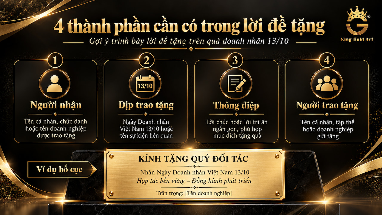 4 thành phần cần có trong lời đề tặng quà doanh nhân 13/10 gồm người nhận, dịp trao tặng, thông điệp và người trao tặng