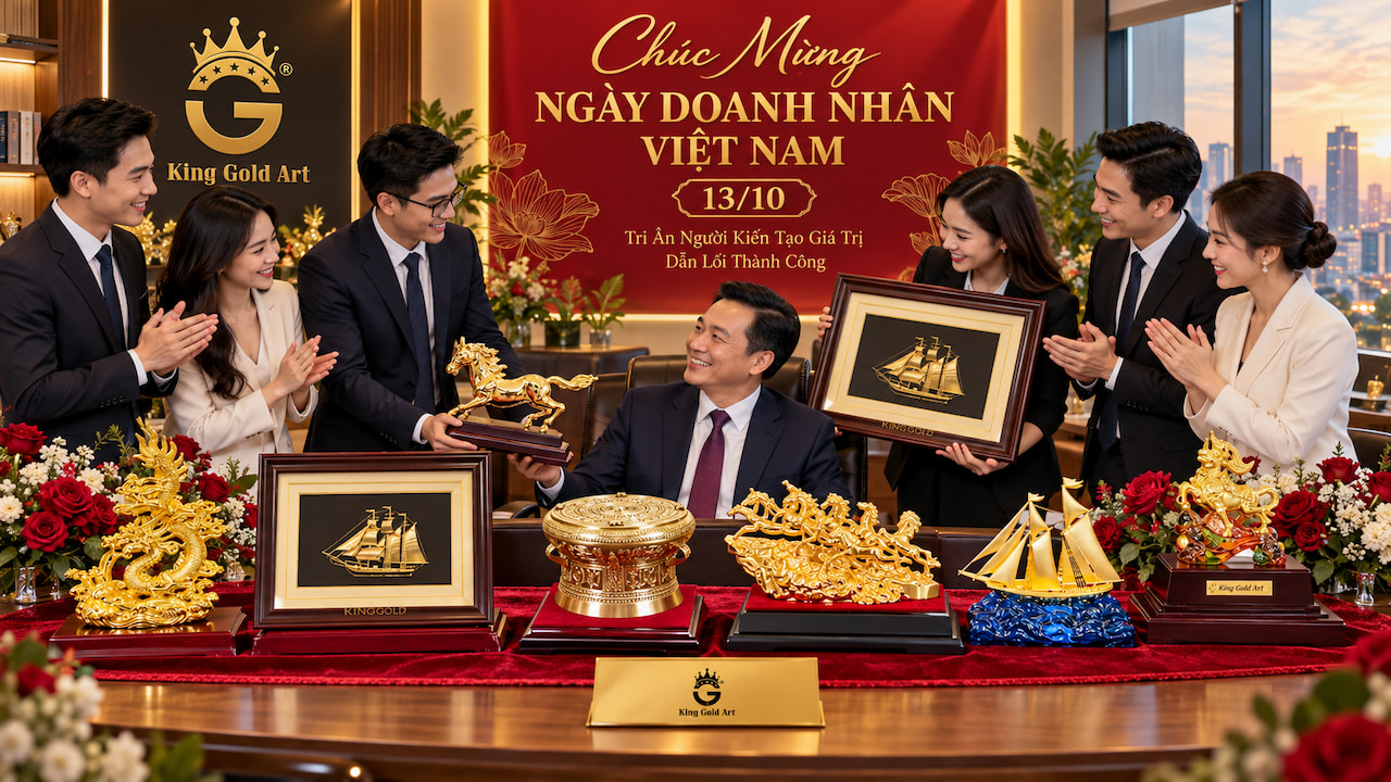 Tập thể nhân viên chúc mừng lãnh đạo Ngày Doanh nhân Việt Nam 13/10 với các món quà King Gold Art gồm tượng ngựa, tượng rồng, tranh thuyền buồm và trống đồng