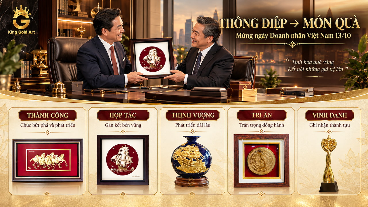 Gợi ý quà tặng doanh nhân 13/10 theo 5 thông điệp: thành công, hợp tác, thịnh vượng, tri ân và vinh danh với các sản phẩm mạ vàng King Gold Art