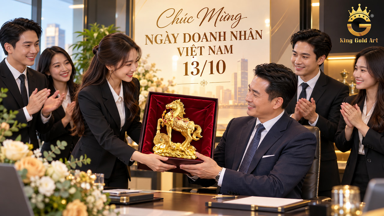 Tập thể nhân viên chúc mừng lãnh đạo Ngày Doanh nhân Việt Nam 13/10 và trao tặng tượng ngựa mạ vàng cao cấp King Gold Art