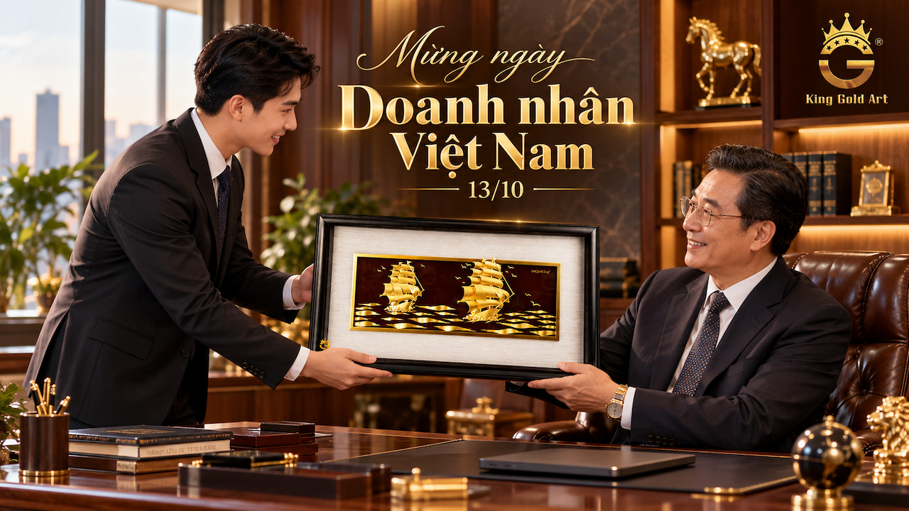Quà tặng doanh nhân 13/10 cao cấp với tranh thuyền buồm mạ vàng King Gold Art