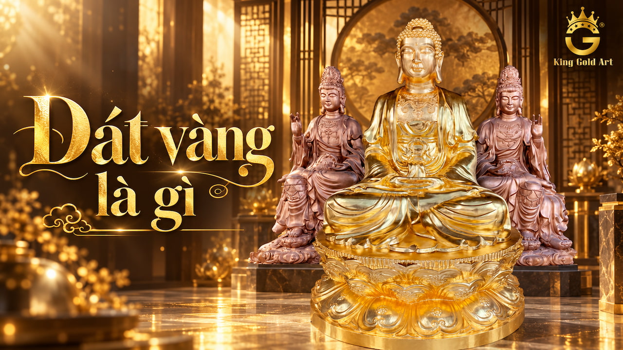 Hình ảnh tượng Phật dát vàng tại King Gold Art, minh họa kỹ thuật dát vàng thủ công và ứng dụng trong chế tác tượng nghệ thuật.