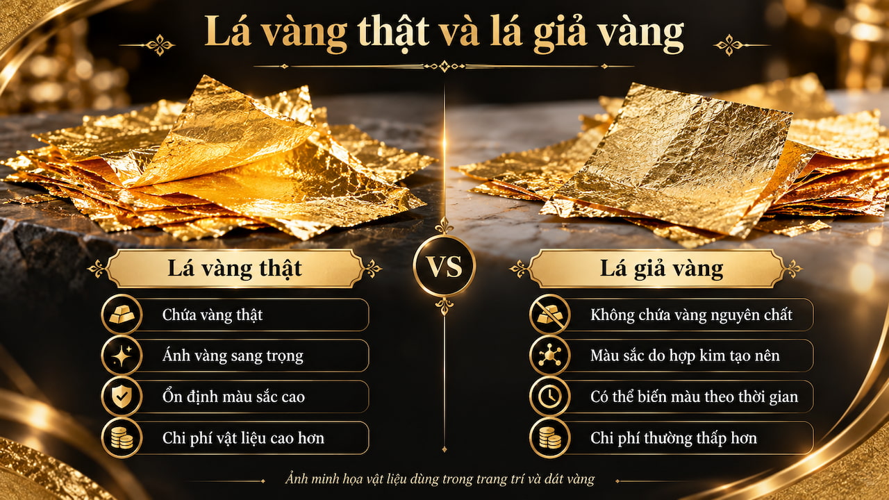 So sánh lá vàng thật và lá giả vàng với các đặc điểm về thành phần, màu sắc, độ ổn định và chi phí vật liệu.