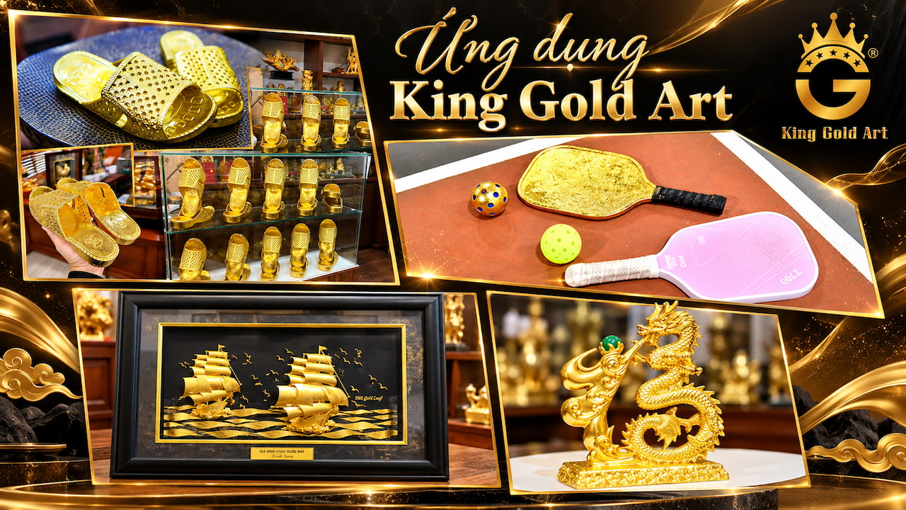 Các sản phẩm ứng dụng kỹ thuật dát vàng tại King Gold Art gồm dép tổ ong dát vàng 24K, vợt pickleball, tranh thuyền buồm và tượng rồng nghệ thuật