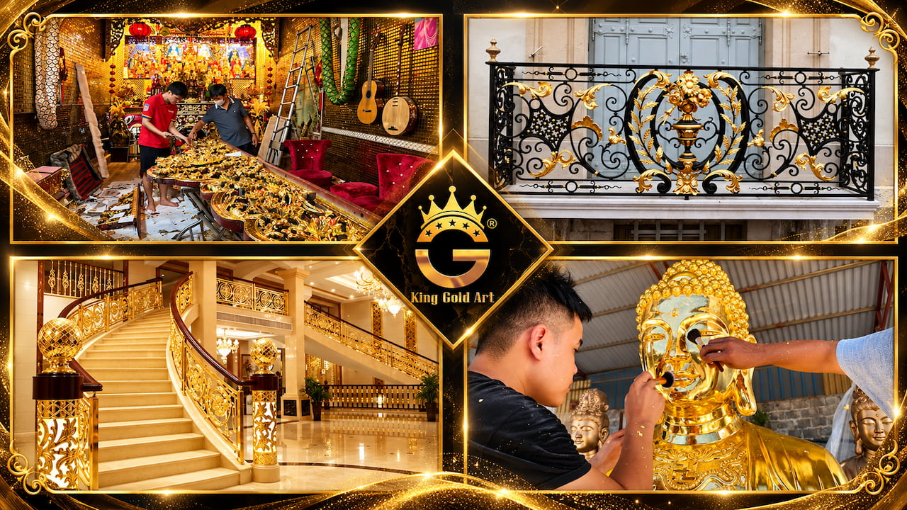 Ứng dụng dát vàng của King Gold Art trong chế tác tượng Phật, trang trí lan can, cầu thang biệt thự và các chi tiết nội thất cao cấp