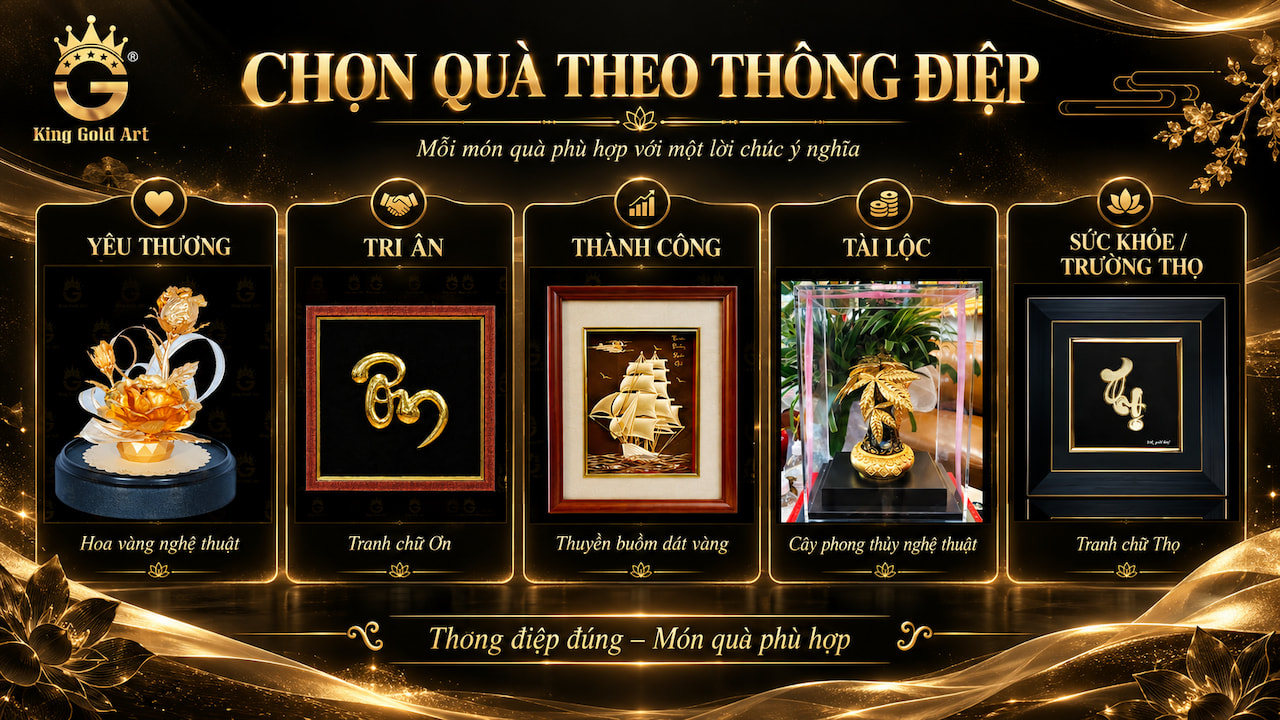 chọn quà tặng theo thông điệp yêu thương, tri ân, thành công, tài lộc và trường thọ với các sản phẩm tranh vàng, hoa vàng và thuyền buồm King Gold Art