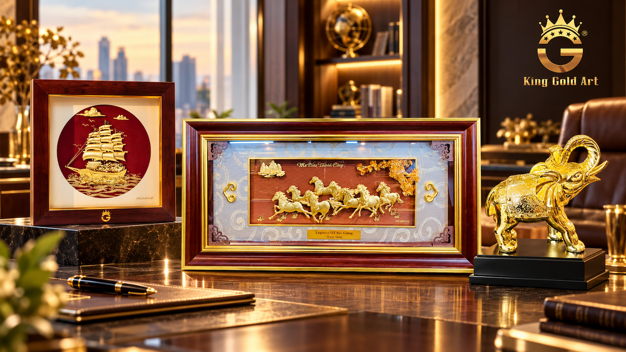 Quà tặng doanh nghiệp cao cấp King Gold Art gồm tranh thuyền buồm, tranh Mã đáo thành công và tượng voi vàng, phù hợp tặng sếp, khách hàng và đối tác.