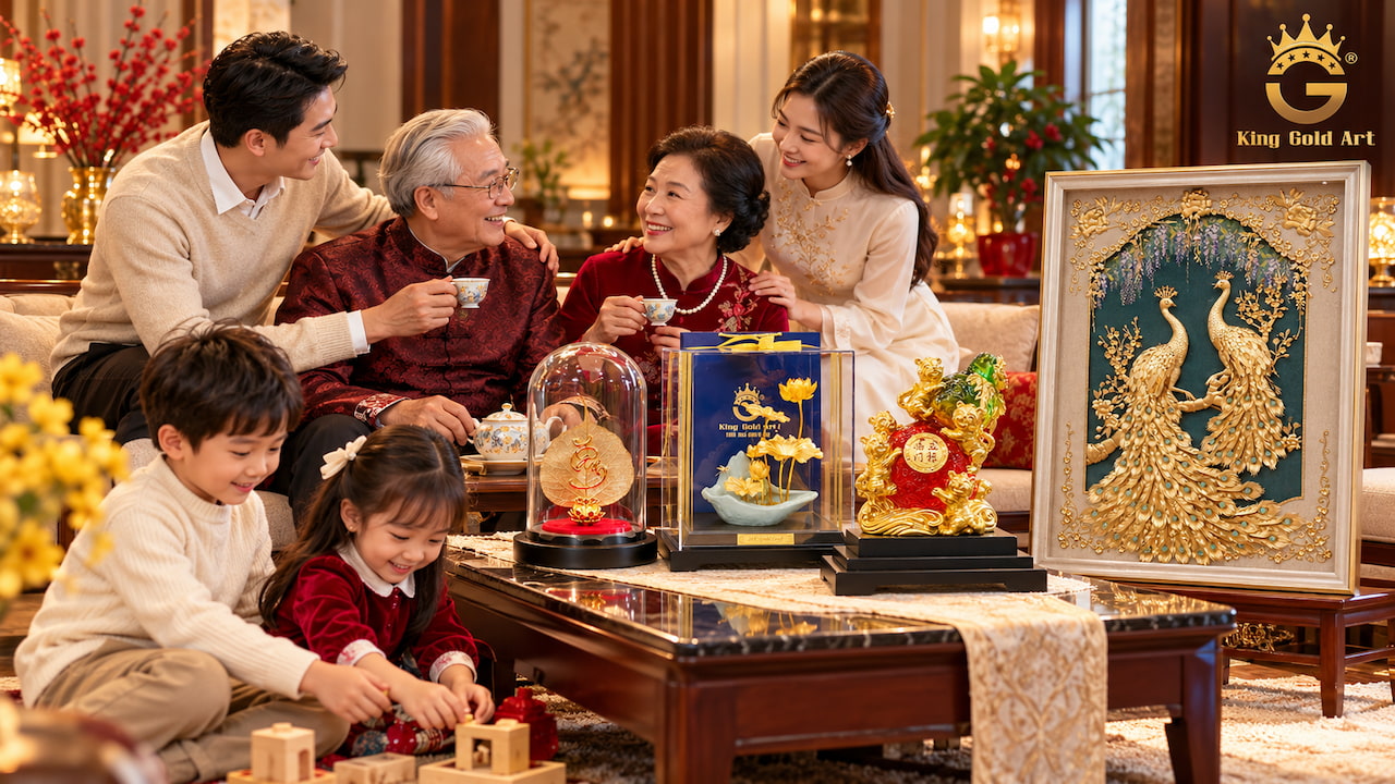 Gia đình nhiều thế hệ sum vầy bên ông bà cùng các món quà tặng ý nghĩa King Gold Art gồm lá bồ đề chữ Tâm, hoa sen vàng, tượng linh vật và tranh đôi chim công